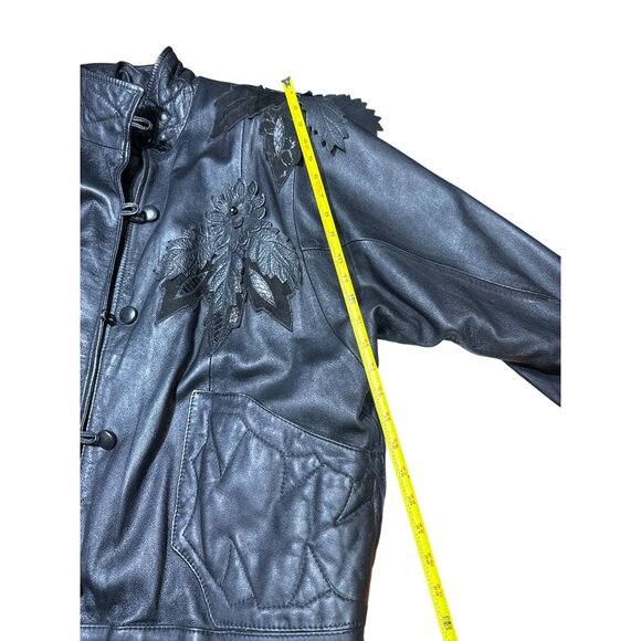 Vintage Leather Jacket with Floral Applique - Size M, Artistic Boho Statement Ou - Picture 13 of 16